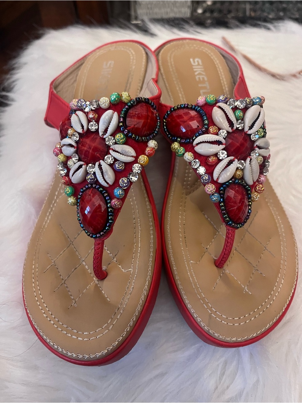 Red Embellished Women's Thong Sandals -